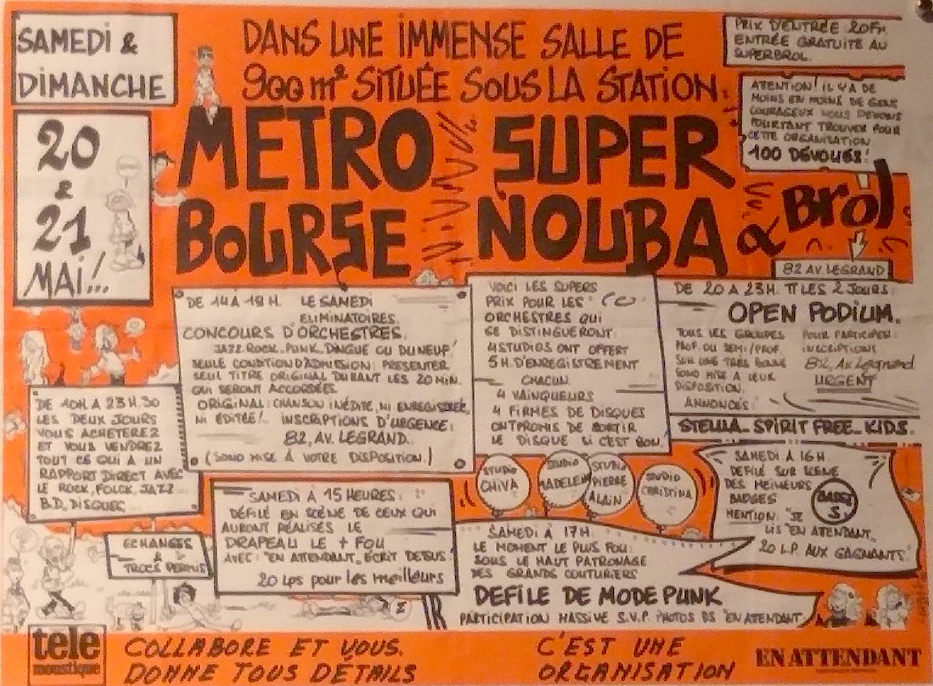 Hand-drawn orange Metro Bourse / Super Nouba poster for the 20-21 May weekend at 82 Av. Legrand