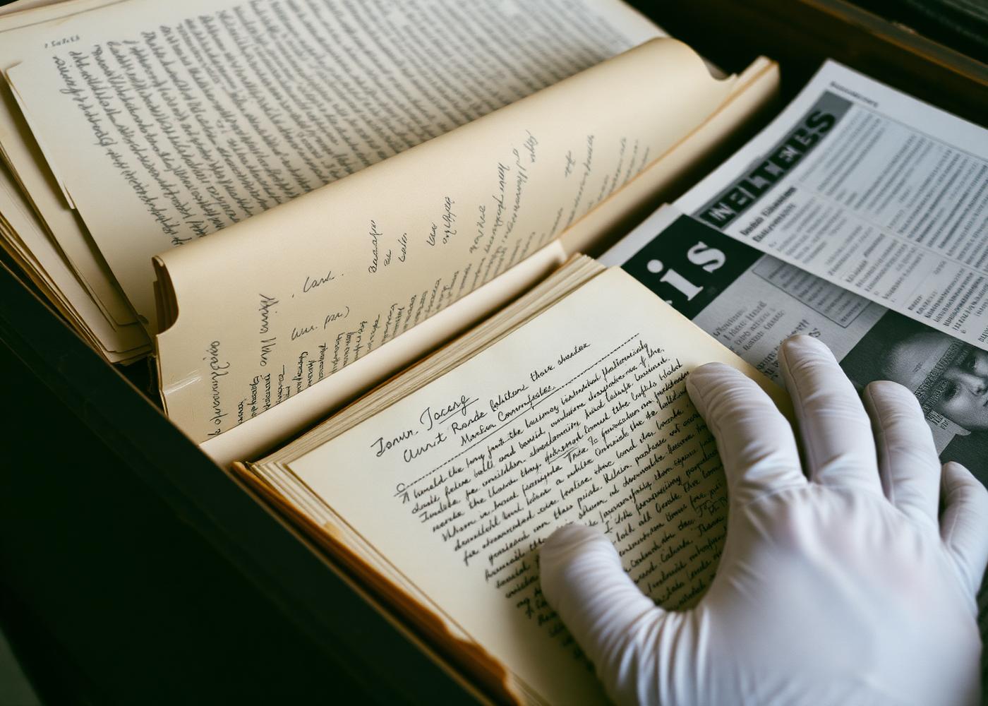 Archivist handling letters and press clippings with white gloves