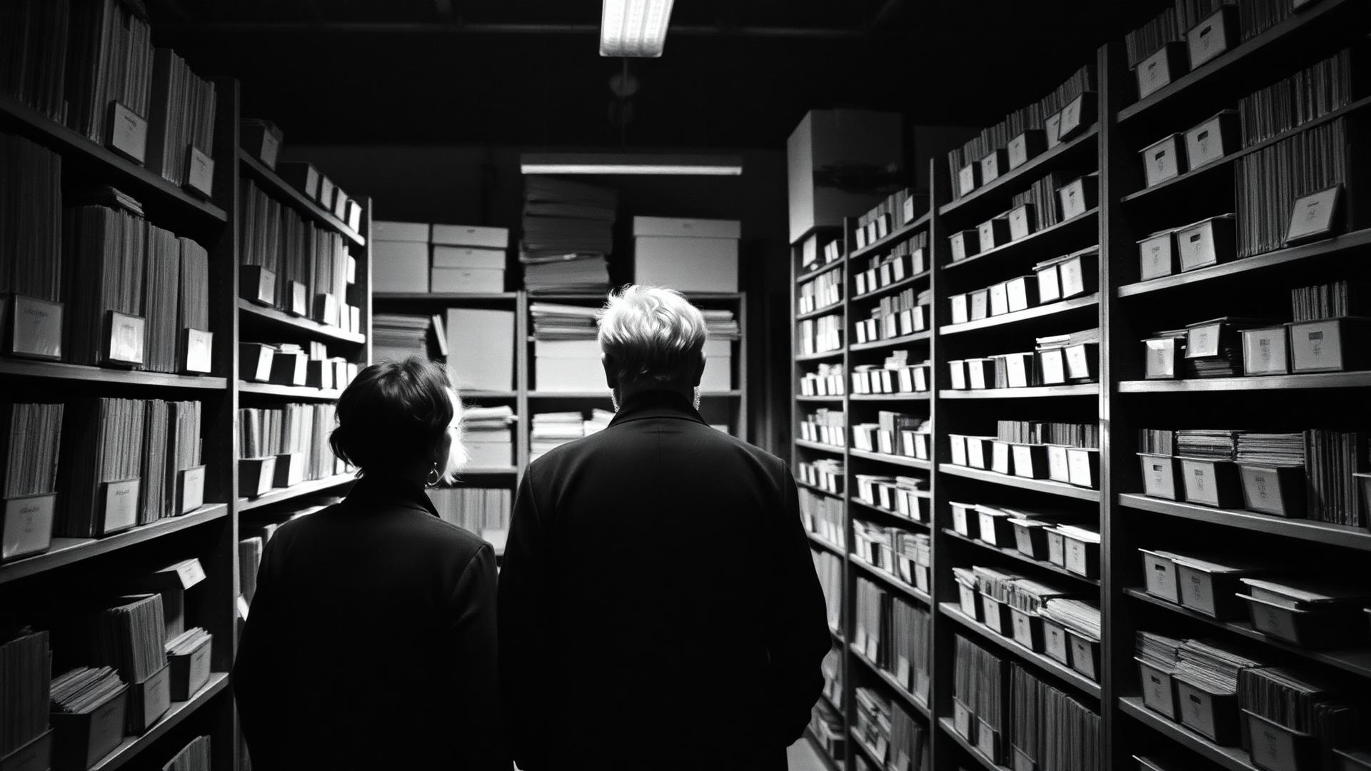 Two people standing in a dimly lit music archive full of records